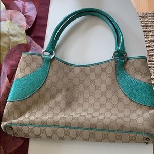 Classic Canvas and Turquoise Leather GUCCI purse